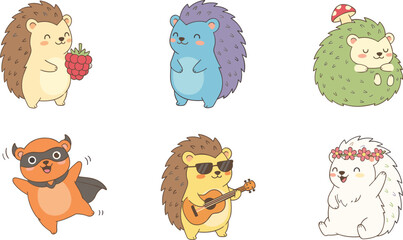 Obraz premium Cute Hedgehog Character Collection with Cartoon Woodland Animals in Playful Poses for Kids, Nursery, Wildlife, Stickers, and Mascot Design Projects