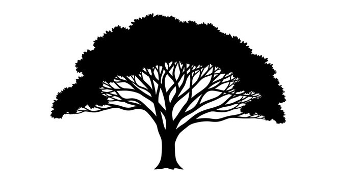 Black silhouette of a large spreading acacia tree