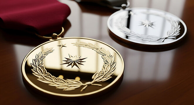 Gold and silver medals on a dark wooden office desk