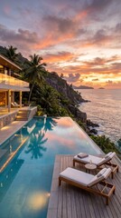 Fototapeta premium Stunning sunset over infinity pool at luxury villa by the ocean surrounded by lush tropical landscape