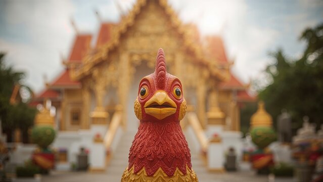 A decorative rooster statue in front of a traditional Thai temple with intricate architecture and lush greenery.