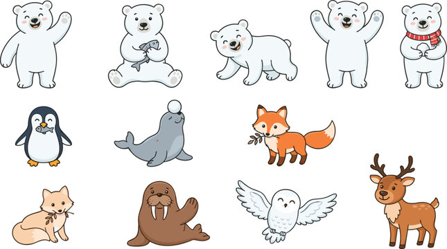 Cute arctic wild animals cartoon collection vector illustration set with polar bears isolated on white background