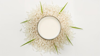 Obraz premium A glass of milk surrounded by rice grains and green leaves arranged in a circular pattern.