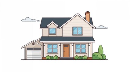 Fototapeta premium A house with a garage, front door, windows, and greenery in front. Two stories and a chimney. Simple illustration of a residential home.