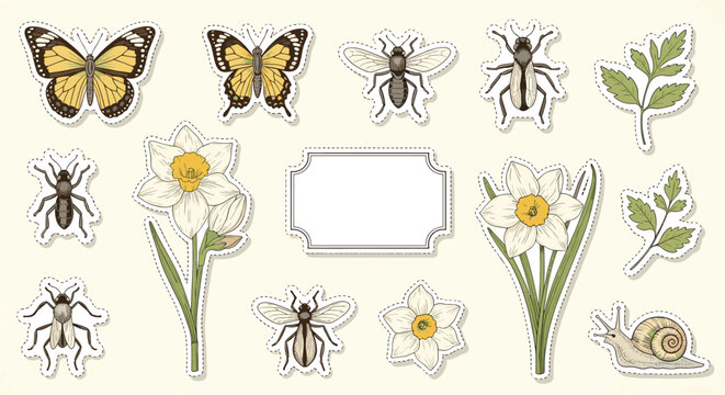 Vintage natural stickers set featuring butterflies, insects, daffodils, snail, and a blank label frame.