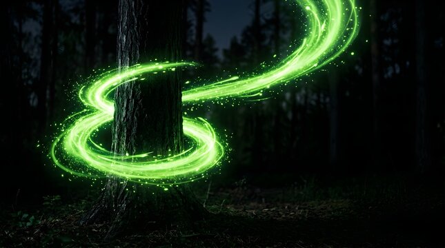 Glowing green magical light trail swirling around a dark tree trunk in forest