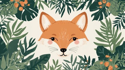 Fototapeta premium A cute fox surrounded by lush green tropical leaves and orange flowers.