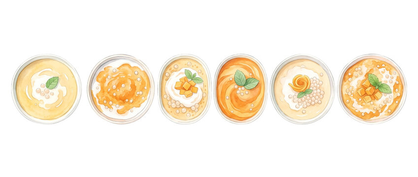 Mango sago dessert watercolor illustration set of six sweet pudding bowls with tapioca pearls and mint leaves arranged in a row, vibrant Asian food concept isolated on black background.