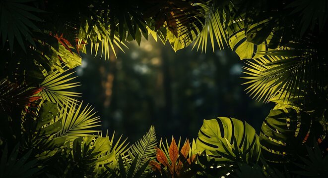 Natural green leaves frame in a dark forest background