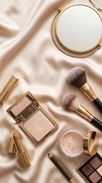 Stylish makeup display on luxurious satin fabric featuring premium beauty products and essential tools