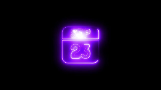 Neon calendar date september 23 glowing purple 4k animation video one black background 