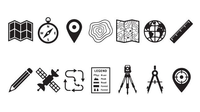 Cartography and geography icon set, 14 black map navigation vector elements, topography and surveying equipment symbols for land measurement