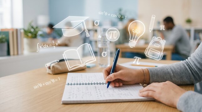 Education and learning concept, student writing math equations in notebook with floating icons of graduation cap, books, and scientific formulas in library.