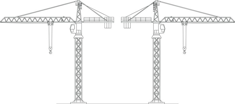 Detailed construction tower crane vector illustration in outline style facing opposite directions