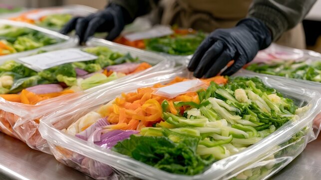 Prepared vegetable packs neatly arranged in transparent containers  showing colorful chopped ingredients like carrots and broccoli