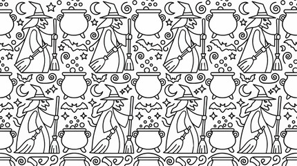 Fototapeta premium Black and White Geometric Seamless Pattern with Witches, Cauldrons, Bats, Moons, and Stars, Halloween Coloring Page Vector Illustration