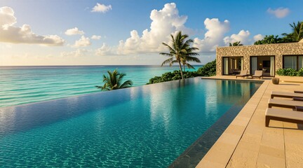 Obraz premium Luxury villa infinity pool merges with azure ocean waters under bright blue sky. Palm trees frame stone building with lounge chairs on sun deck. Tropical island resort vacation paradise.