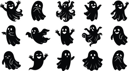 Obraz premium Cute Halloween Ghost Silhouette Collection with Cartoon Ghost Vector Characters for Spooky Designs