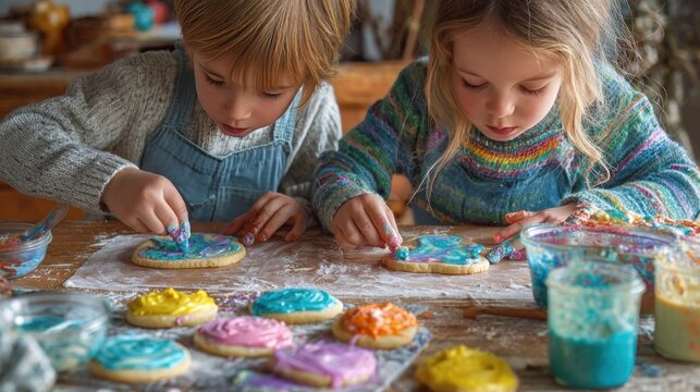children decorating cookies with colorful frosting
