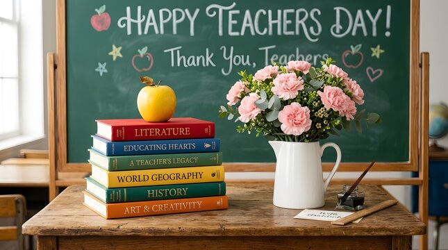 Stack of books with an apple and flowers for a festive teachers day celebration concept
