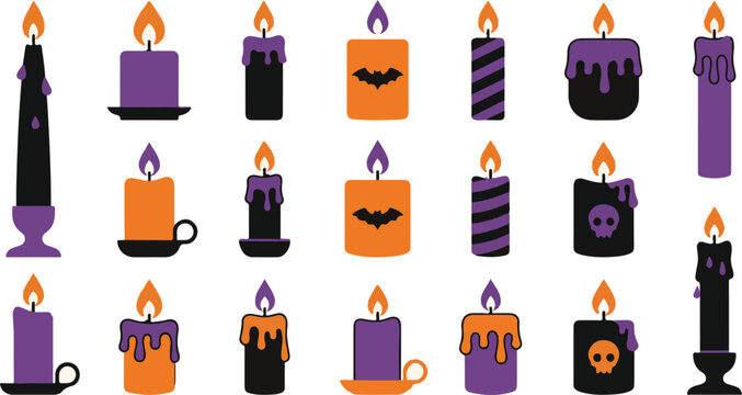 Set of decorative halloween candles with purple and orange colors featuring spooky designs and glowing flames isolated on white