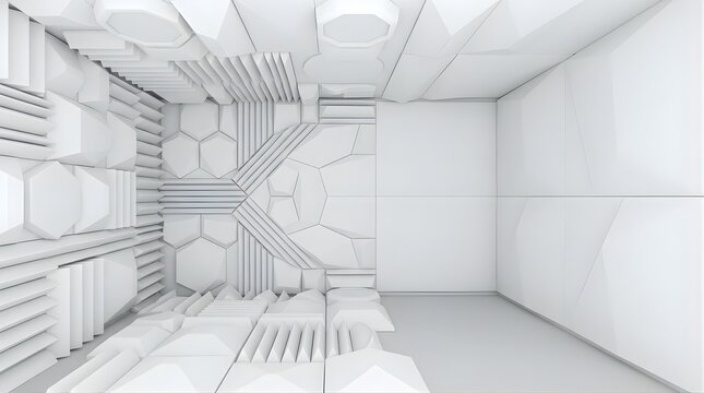 Minimalist white room with geometric 3d wall panels and empty center space