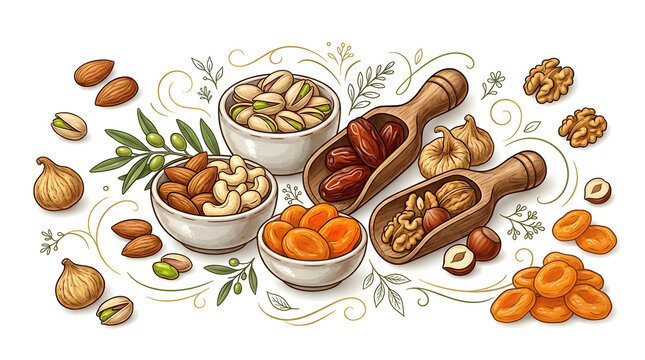 Gourmet healthy snack concept with vector illustration of nuts, dried apricots, figs, and olives in rustic bowls for packaging design