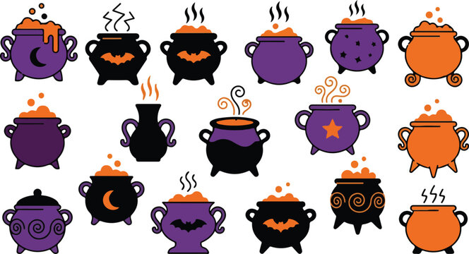 Set of various witch cauldrons with magical potions and steam isolated on a clean white background for halloween design