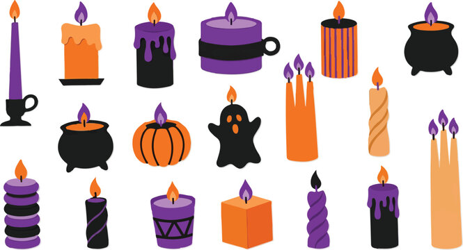 Set of decorative halloween candles and witch cauldrons with spooky designs isolated on a white background