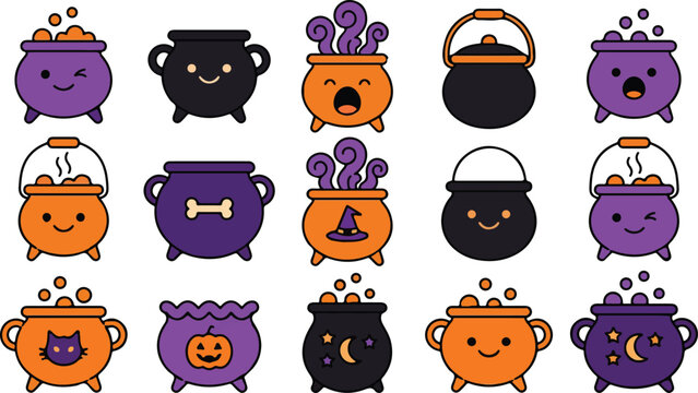 Set of cute cartoon halloween witch cauldrons with funny faces and magical potions isolated on white background