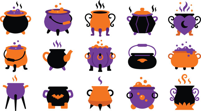 Set of various witch cauldrons with magical potions and steam for halloween celebration and fantasy magic themed design