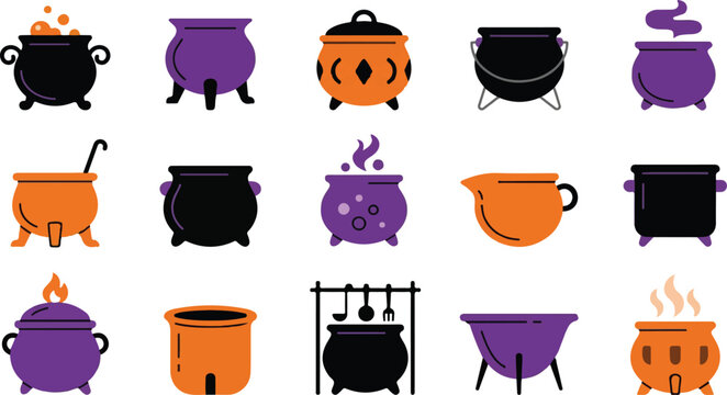 Set of various halloween witch cauldron icons with smoke and bubbles in orange purple and black colors