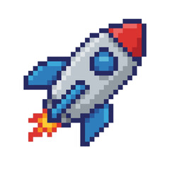 Fototapeta premium Pixel art rocket ship launching with fire and exhaust trails.