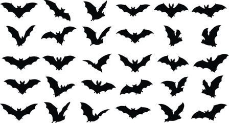 Fototapeta premium Flying Bat Silhouette Collection with Halloween Black Bat Vector Set for Spooky Designs