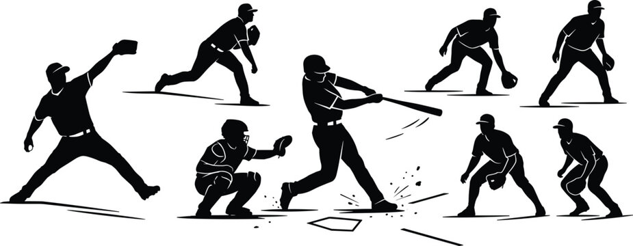 Baseball player silhouettes vector set with pitcher batter catcher and infielder action poses