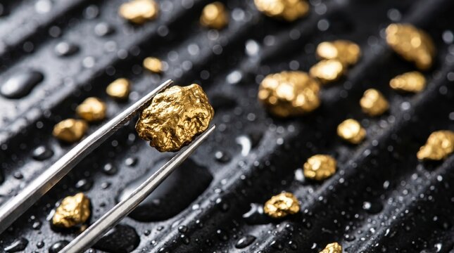 A natural gold nugget is carefully held by tweezers, surrounded by more nuggets on a dark, wet surface. Represents wealth, investment, mining, and precious resource discovery.