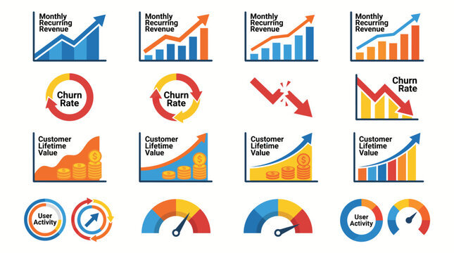 Business growth charts illustrate various metrics including monthly recurring revenue and customer lifetime value.