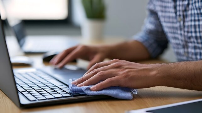 A person is carefully wiping down a laptop keyboard with a soft cloth while seated at a wooden desk