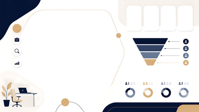 Business presentation template with funnel chart, donut graphs, and office workspace elements