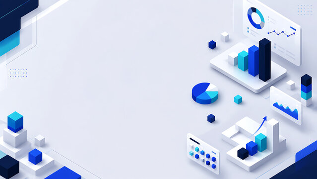 Abstract business data analytics background with isometric 3d charts, graphs, and digital elements