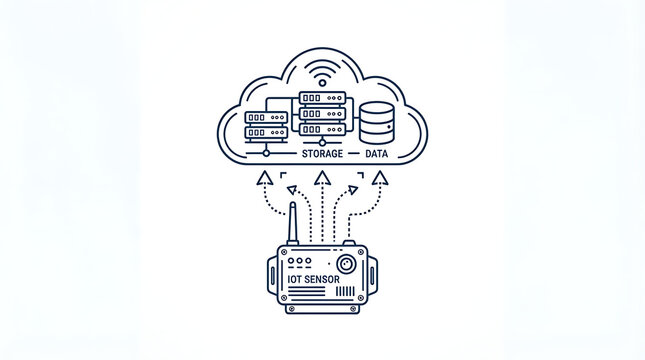 Minimalist line art diagram showing sensor device transmitting data to secure remote cloud storage infrastructure