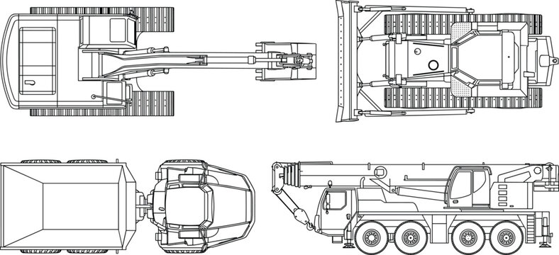 Heavy Construction Machinery Equipment Line Art Vector Blueprint Set for Industrial and Engineering Projects