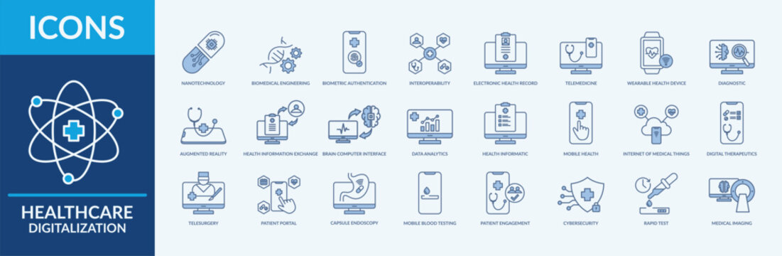 Healthcare Digitalization icon set. Containing nanotechnology, biomedical engineering, health informatic and more. Line Blue vector icons collection