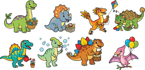 Cute Dinosaur Cartoon Activity Vector Collection with Gardening, Music, Bubbles, Kites and Playful Adventures © Moyuri