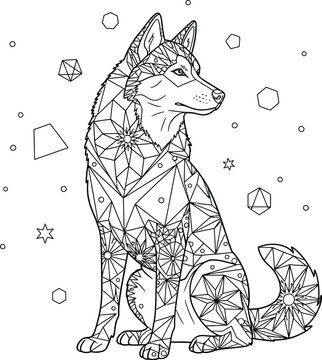 Geometric Wolf Illustration &ndash; Low Poly Style Animal Art with Stars and Shapes, Detailed Line Drawing for Coloring Pages and Creative Design Projects
