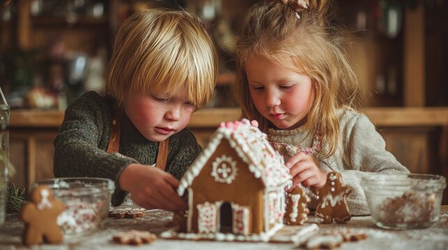 children decorating gingerbread house