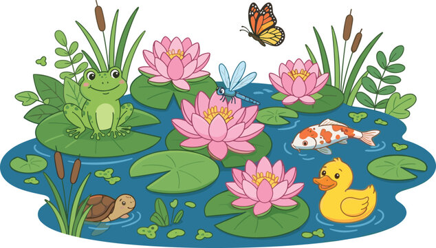 Cute pond landscape cartoon with frog duck turtle koi fish and pink lotus flowers vector illustration
