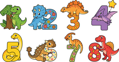 Cute Dinosaur Number Characters 1 to 8 Cartoon Educational Counting Vector Set for Kids © Moyuri