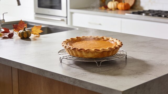 A freshly baked golden-brown pumpkin pie cooling on a wire rack on a modern kitchen island counter, with soft steam rising.