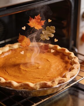 A golden pumpkin pie sits on an oven rack, with steam rising in the shape of oak and maple leaves and hearts, celebrating Thanksgiving baking.